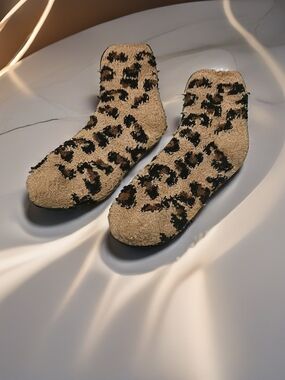 Leopard Print Fuzzy Ankle Socks - Beige, Black, Brown